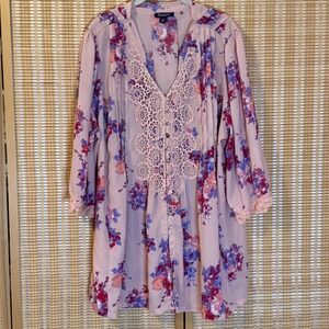 Roamans Pink Floral Crochet Lace Pintuck Tunic Blouse Plus Size 26W Boho Top